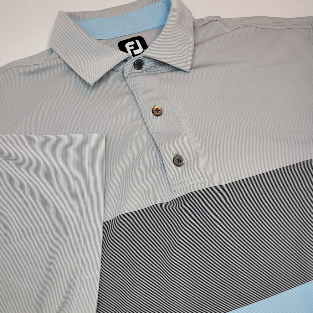 Footjoy Mens XL Blue Gray Striped Print Pattern Golf Polo Shirt‎